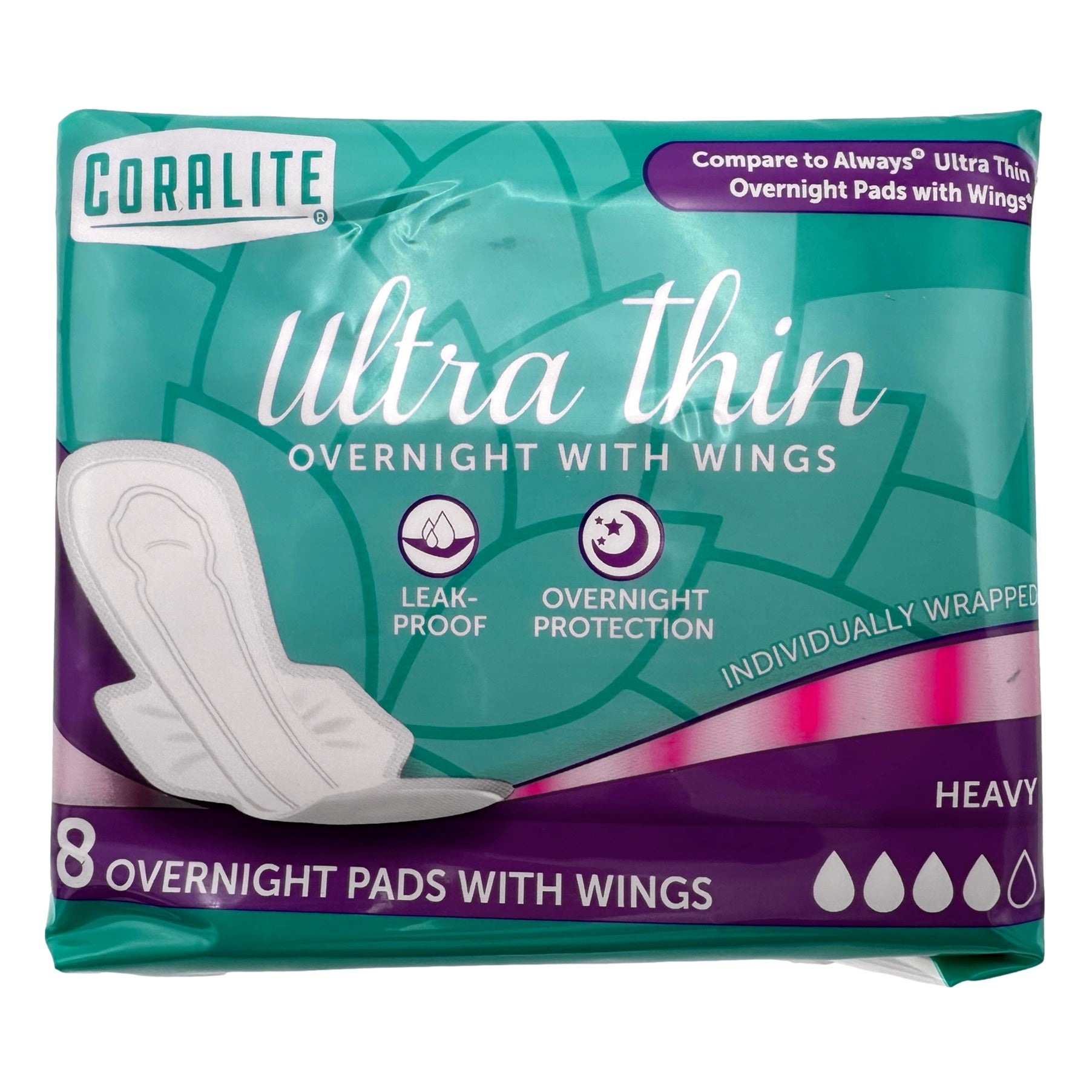 Pack of Coralite ultra thin overnight pads with wings.